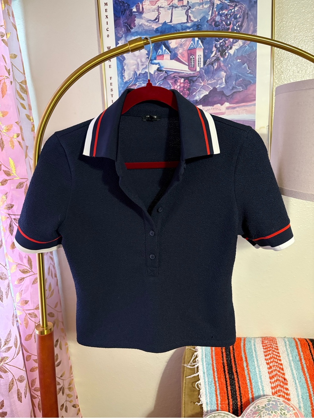 Express Navy Crop Polo with Red & White Trim